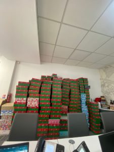 Homesure Property's Woolton office filled with shoeboxes for the Christmas shoebox charity campaign