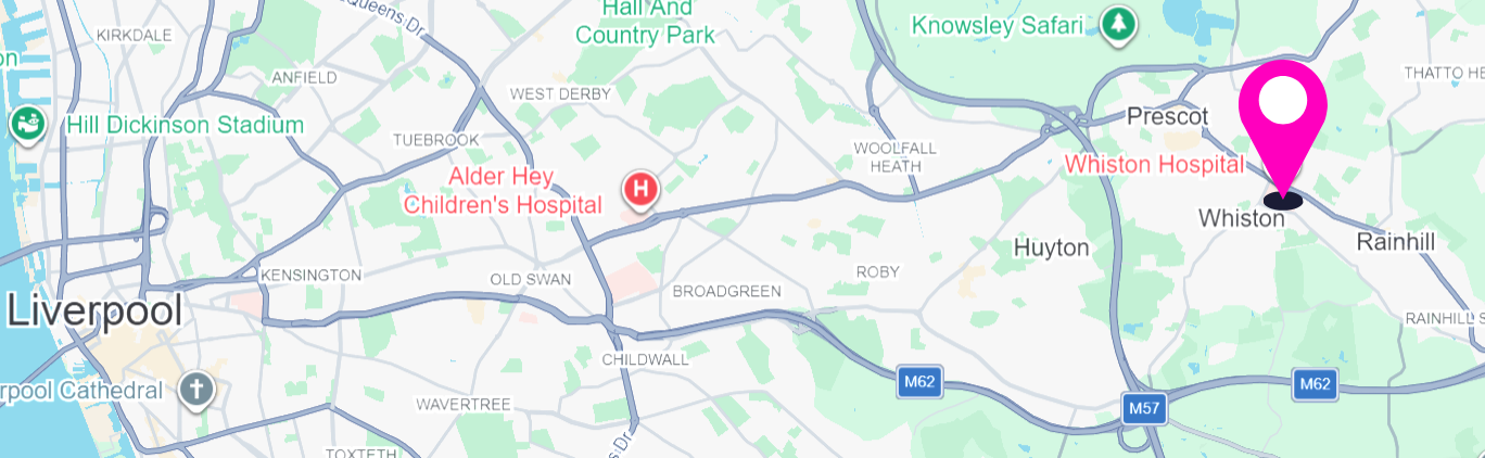 Map showing the location of Whiston relative to Liverpool